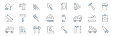Construction And Building Doodle Icons. Wheelbarrow With Sand, Crane, Brick Wall, Trowel, Palette And Blueprint. Hammer, Paints Bucket, Concrete Mixer, Roller, Meter, Paintbrush And Saw Vector Signs