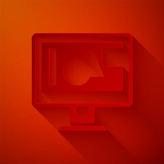 Sticker - Paper cut Computer monitor screen icon isolated on red background. Electronic device. Front view. Paper art style. Vector