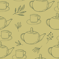 Wall Mural - cups, teapot and leaves seamless pattern. hand drawn doodle. wallpaper, tablecloth, menu, wrapping paper, textiles, fabric. vector, scandinavian, nordic, minimalism, monochrome. dishes, kitchen, tea, 