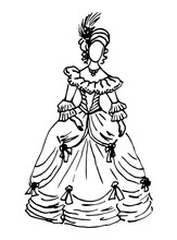 Simple Hand Drawn Black Outline Vector Drawing. Lady In Vintage  Antique Dress, Hat With Feather, Crinoline Puffy Lace Skirt. Historical Fashion. Ink Sketch.