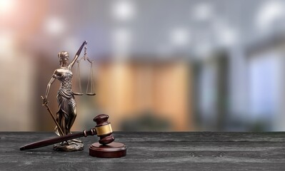 Poster - Legal and law concept. Statue of Lady Justice with scales of justice and wooden judge gavel on a table.