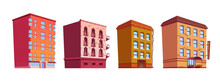 Building Cartoon Vector Isolated Illustrations. City Landscape Elements Set, Multi-storey Buildings With Balconies And Gutter, Residential Apartments, Offices, Shop Or Cafe, Hotel With Red Canopy
