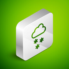 Poster - Isometric line Cloud with snow icon isolated on green background. Cloud with snowflakes. Single weather icon. Snowing sign. Silver square button. Vector