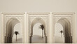 © AuzaStudio - 3d illustration of Islamic architecture, buildings with décor ornaments. 3d rendering of modern islamic theme banners, Eid adha, Eid Mubarak, copy space text area