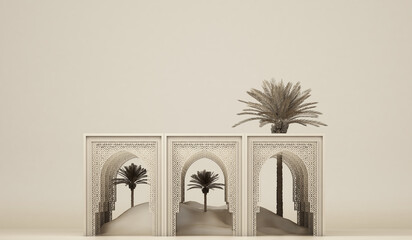 3d illustration of islamic architecture, buildings with lots of dates and deserts. 3d rendering of m