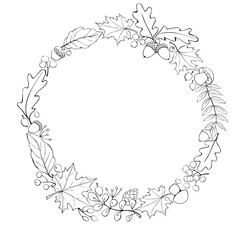 Wall Mural - Vector wreath of autumn leaves, mushrooms, acorns, berries. Doodle contoured illustration. Round frame, border. Black outline on white background. Theme is forest, happy fall, thanksgiving