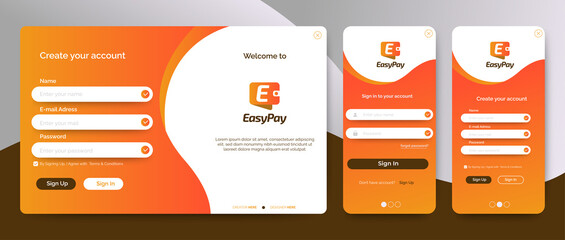 Wall Mural - set of sign up and sign in forms. orange gradient. mobile registration and login forms page. profess