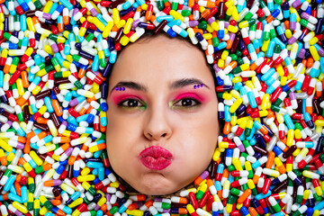 Artistic image of a beautiful woman sunk inside colored pills and capsules.