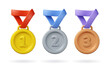 © Olena Go - 3d medal icon set. Gold, silver and bronze sport award for winner. Vector prize badge render illustration isolated on a white background