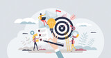 Fototapeta  - Objective achievement or business goal success management tiny person concept. Aim and focus for work target vector illustration. Efficiency and ambition to accomplish perfect result. Accuracy winner.