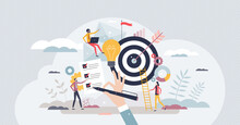 Objective Achievement Or Business Goal Success Management Tiny Person Concept. Aim And Focus For Work Target Vector Illustration. Efficiency And Ambition To Accomplish Perfect Result. Accuracy Winner.
