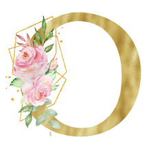 Floral Watercolor Alphabet, Golden Letter O With Roses