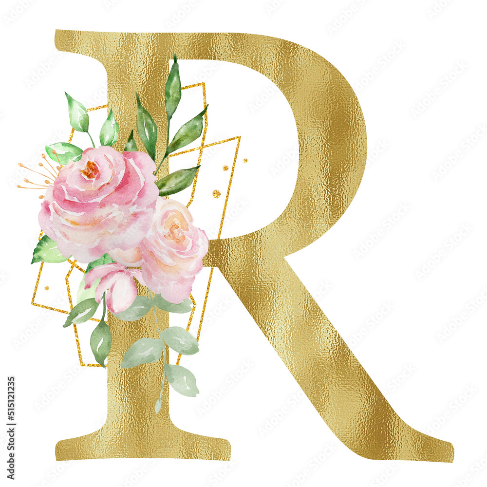 Floral watercolor alphabet, golden letter R with roses Stock ...