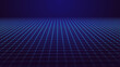 Perspective blue grid on a dark background. Futuristic illustration of a network connection. Big data. Background in the style of the 80s. 3d rendering.