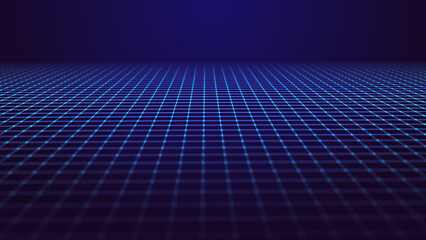 Wall Mural - Perspective blue grid on a dark background. Futuristic illustration of a network connection. Big data. Background in the style of the 80s. 3d rendering.