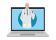 illustration vectorielle représentant un médecin qui sort d'un écran d'ordinateur portable. Concept illustrant la télé médecine, la médecine à distance. Isolé sur fond blanc
