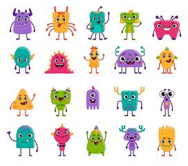 Large set of cartoon monsters. Cute monsters and aliens. Children's characters for games and applications. Vector illustration isolated on white background.