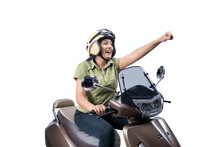 Asian Woman With A Helmet Sitting On A Scooter