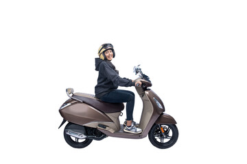 Asian woman with a helmet and jacket sitting on a scooter