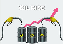 Oil Rise Concept With Rising Graph, Illustration Of Oil Crisis And Rise, With Barrels And Gasoline Pump