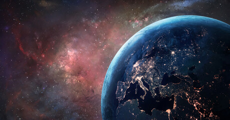 Poster - Earth with stars in deep space. Red sky. Earth at night. Elements of this image furnished by NASA
