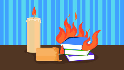 Wall Mural - A fallen burning candle set fire to books