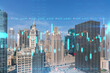 Aerial panorama city, Chicago downtown area, day time, Illinois, USA. Birds eye view, skyline. Forex graph hologram. The concept of internet trading, brokerage and fundamental analysis