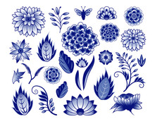 Set Of Isolated Blue And  White Chinese Style Floral Elements (various Flowers, Leaves, Twigs, Curls, Butterfly). Vector Clipart.