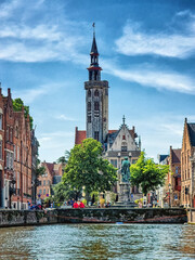 Canvas Print - Van Eyck Square from the boat in the canal, Bruges Belgium.