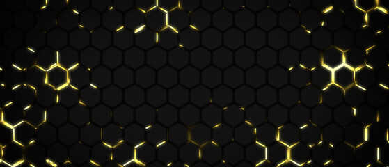 Canvas Print - 3d background hexagonal grid. Black and gold luxury background glowing technological.