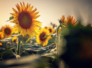 Wall Mural - Sunflower flower in the field closeup, nature floral summer background