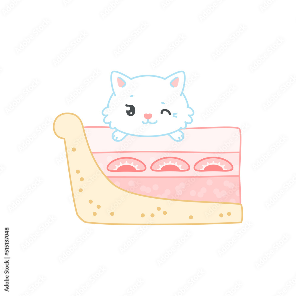 Cute cat and a strawberry dessert. Flat cartoon illustration of a ...