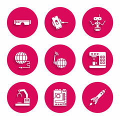 Poster - Set Social network, Motherboard, Rocket ship with fire, Coffee machine, Robotic robot arm hand factory, and Smart glasses icon. Vector