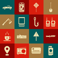 Canvas Print - Set Passport with ticket, Camping knife, Walkie talkie, Parking, Open matchbox and matches, Wooden axe, Car and Fishing hook icon. Vector