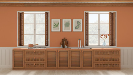 Provencal kitchen background with wooden and rattan cabinets in white and orange tones. Sink, and gas hob. Windows with shutters and beam ceiling. Parquet, interior design