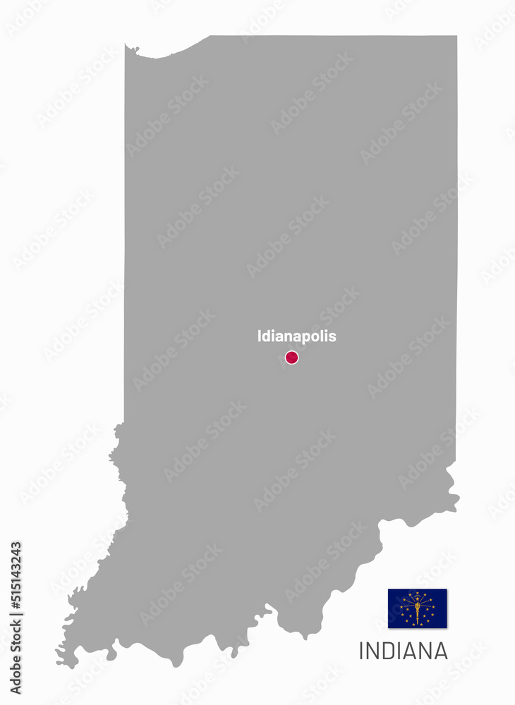 Gray map of Indiana, federal state of USA. Silhouette of Indiana abstract outline editable map with borders and flag of federal state realistic vector illustration