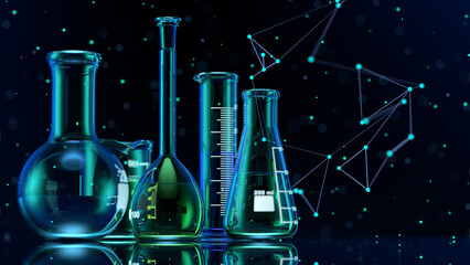 Wall Mural - glass chemistry lab equipment on black background. chemistry lab concept. 3d