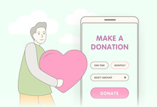 Donation Charity And Affection Support Concept. Donate Online With Mobile Social App To Help Other People, Giving Money Or Volunteer. Character Hold Heart In Hands Show Love And Care In Relations