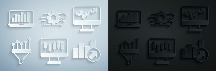 Sticker - Set Stocks market growth graphs, Monitor with chart, Sales funnel, Financial, Time management and Laptop icon. Vector