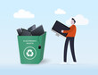 Electronics Recycling and Waste Management concept. The character carries an electronic device - a monitor or a computer - into a trash recycling bin full of electronic devices with e-waste logo sign