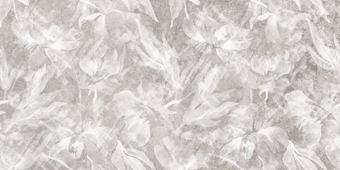 Wall Mural - Flowers on the old white wall background, digital wall tiles or wallpaper design