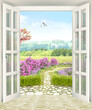 Open glass doors View of the blooming garden 3d rendering