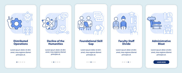 Problems in higher education light blue onboarding mobile app screen. Walkthrough 5 steps editable graphic instructions with linear concepts. UI, UX, GUI template. Myriad Pro-Bold, Regular fonts used