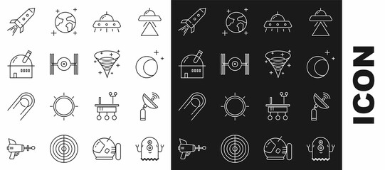 Wall Mural - Set line Alien, Radar, Moon and stars, UFO flying spaceship, Cosmic, Astronomical observatory, Rocket with fire and Black hole icon. Vector