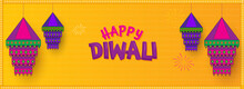 Happy Diwali Celebration Banner Or Header Design With Hanging Traditional Lanterns (Kandeel) On Chrome Yellow Background.