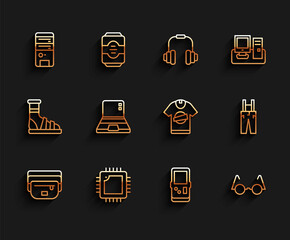 Poster - Set line Waist bag of banana, Processor with CPU, Computer, Tetris, Eyeglasses, Laptop, Pants suspenders and T-shirt icon. Vector