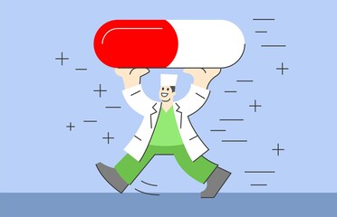 A doctor in a green uniform and white coat hurriedly raises a large red-white pill over his head to heal his patients