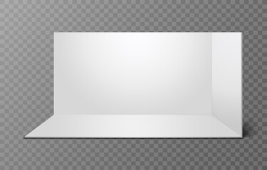 Realistic exhibition booth with shadow on transparent background. Trade showroom. Empty geometric square grey corner. Blank box template for presentation, advertising. 3d Vector illustration