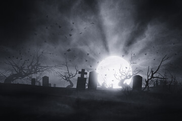 Wall Mural - old graveyard at night, horror halloween background