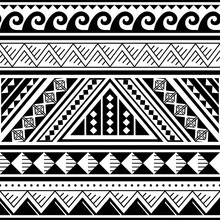 Polynesian Tribal Seamless Vector Pattern With Geometric Shapes, Cool Black And White Hawaiian Style Textile Or Fabric Print
